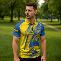 Custom Ukraine Football Zipper Polo Shirt Blue And Yellow Grunge Style - Wonder Print Shop