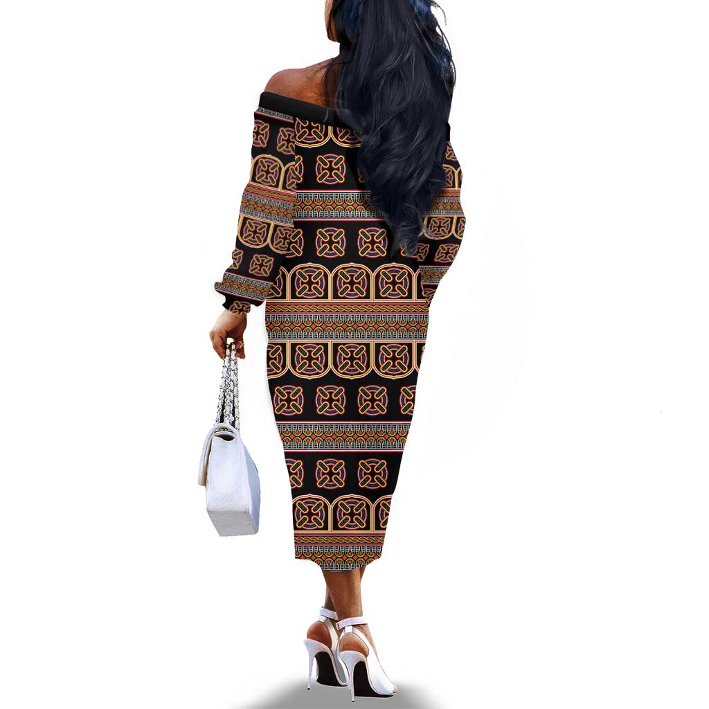 Bamenda Toghu Off The Shoulder Long Sleeve Dress Cameroon Traditional Pattern