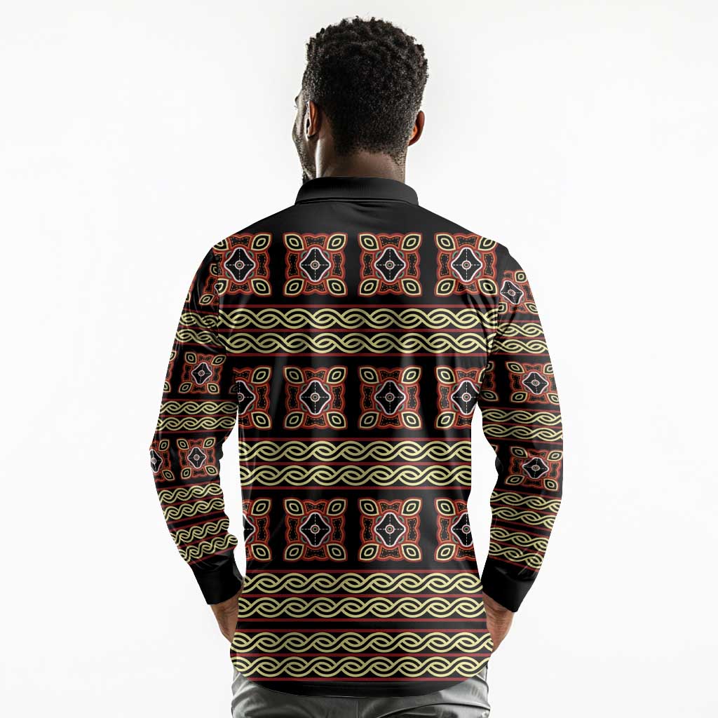 Cameroon Traditional Pattern Long Sleeve Polo Shirt Bamenda Royal Toghu