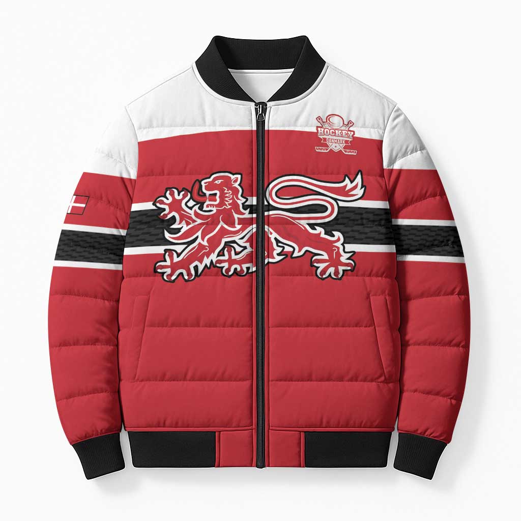 Custom Denmark Ice Hockey 2026 Bomber Puffer Jacket Fight for Glory Red Jersey