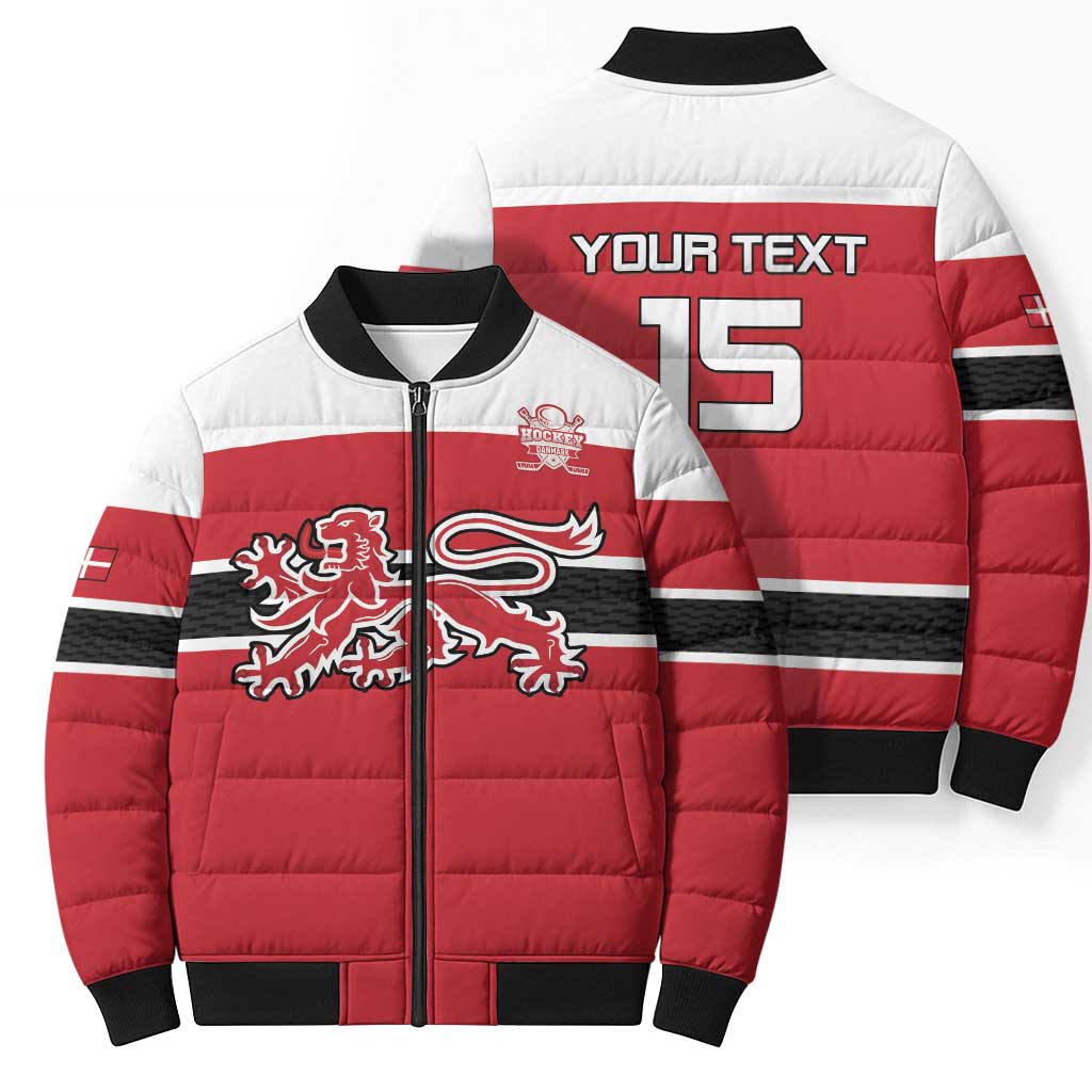Custom Denmark Ice Hockey 2026 Bomber Puffer Jacket Fight for Glory Red Jersey