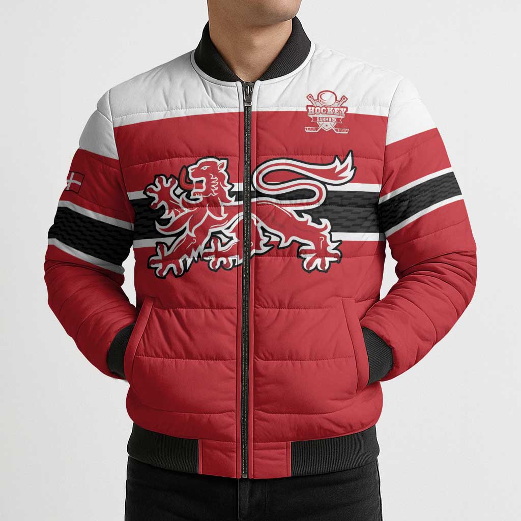 Custom Denmark Ice Hockey 2026 Bomber Puffer Jacket Fight for Glory Red Jersey