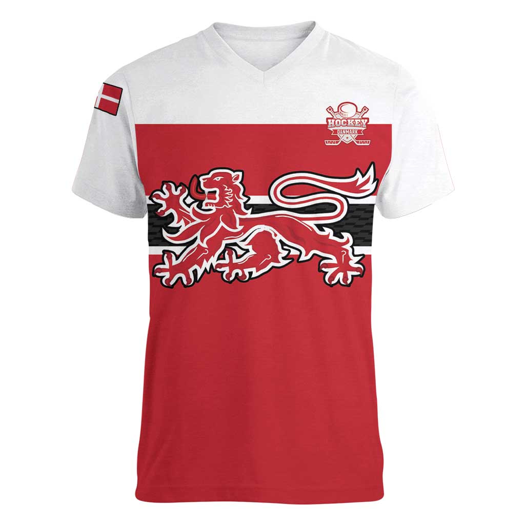 Custom Denmark Ice Hockey 2026 Women V-Neck T-Shirt Fight for Glory Red Jersey