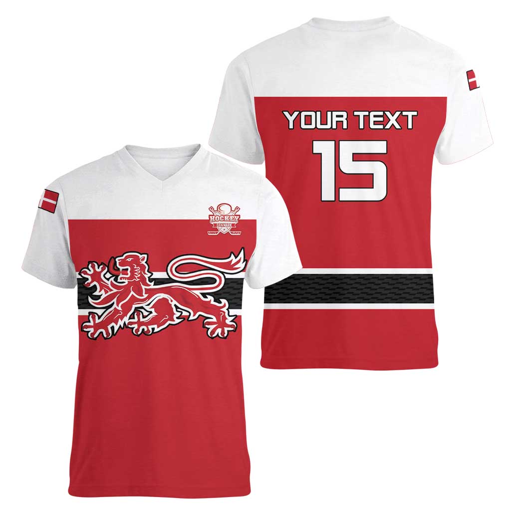 Custom Denmark Ice Hockey 2026 Women V-Neck T-Shirt Fight for Glory Red Jersey