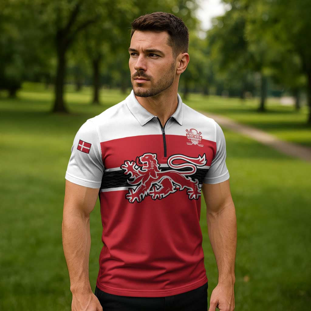 Custom Denmark Ice Hockey 2026 Zipper Polo Shirt Fight for Glory Red Jersey