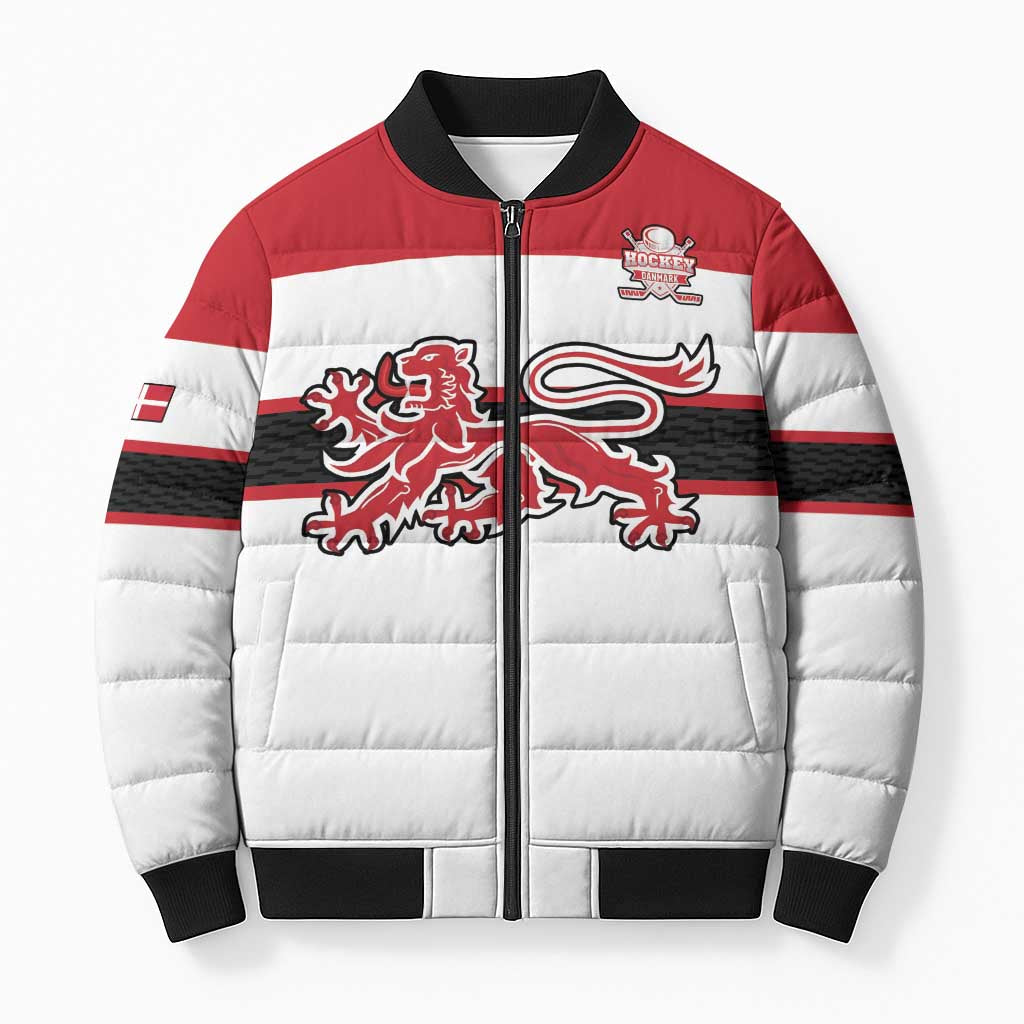 Custom Denmark Ice Hockey 2026 Bomber Puffer Jacket Fight for Glory White Jersey