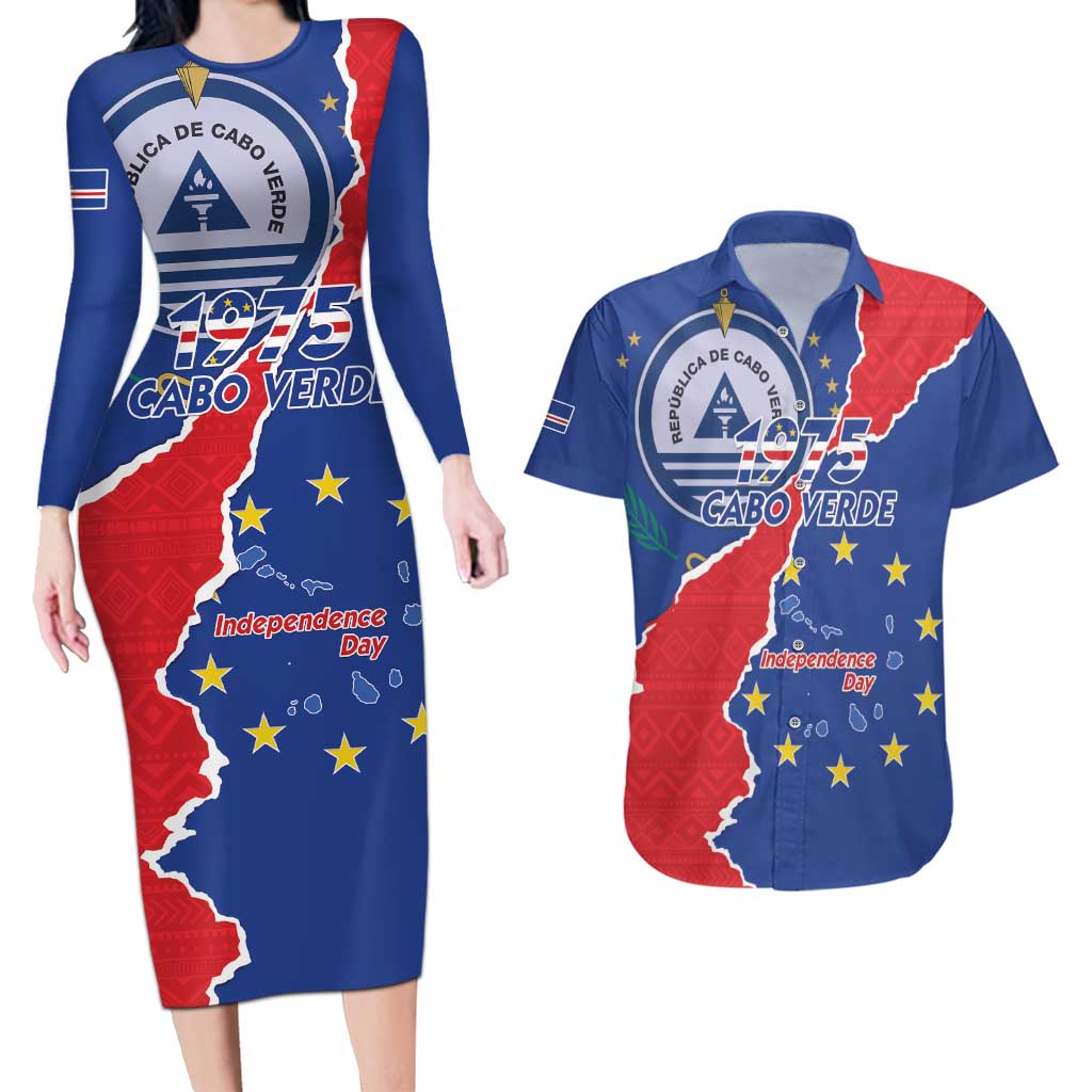 Happy Cape Verde Independence Day Couples Matching Long Sleeve Bodycon Dress and Hawaiian Shirt Coat Of Arms With Map