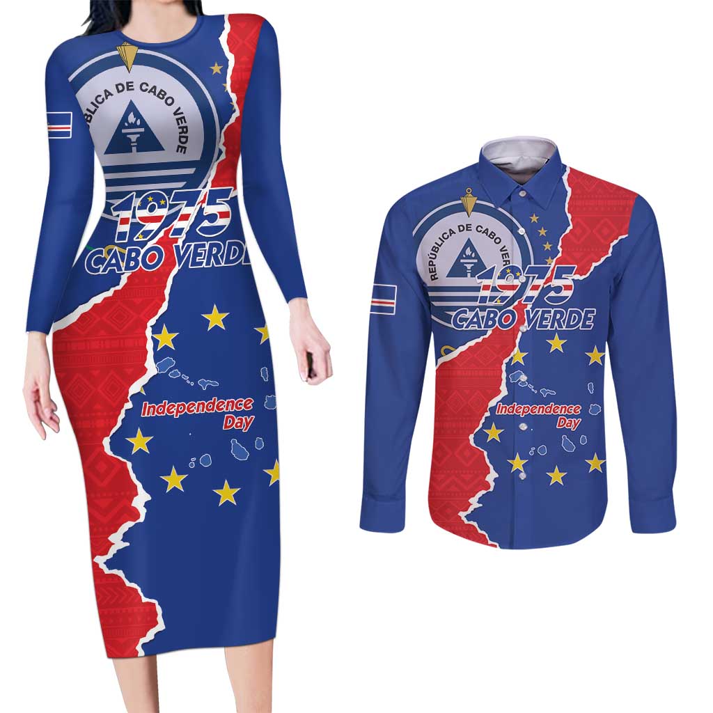 Happy Cape Verde Independence Day Couples Matching Long Sleeve Bodycon Dress and Long Sleeve Button Shirt Coat Of Arms With Map
