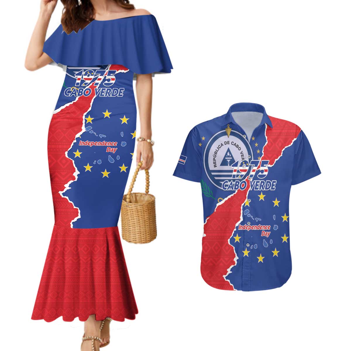 Happy Cape Verde Independence Day Couples Matching Mermaid Dress and Hawaiian Shirt Coat Of Arms With Map