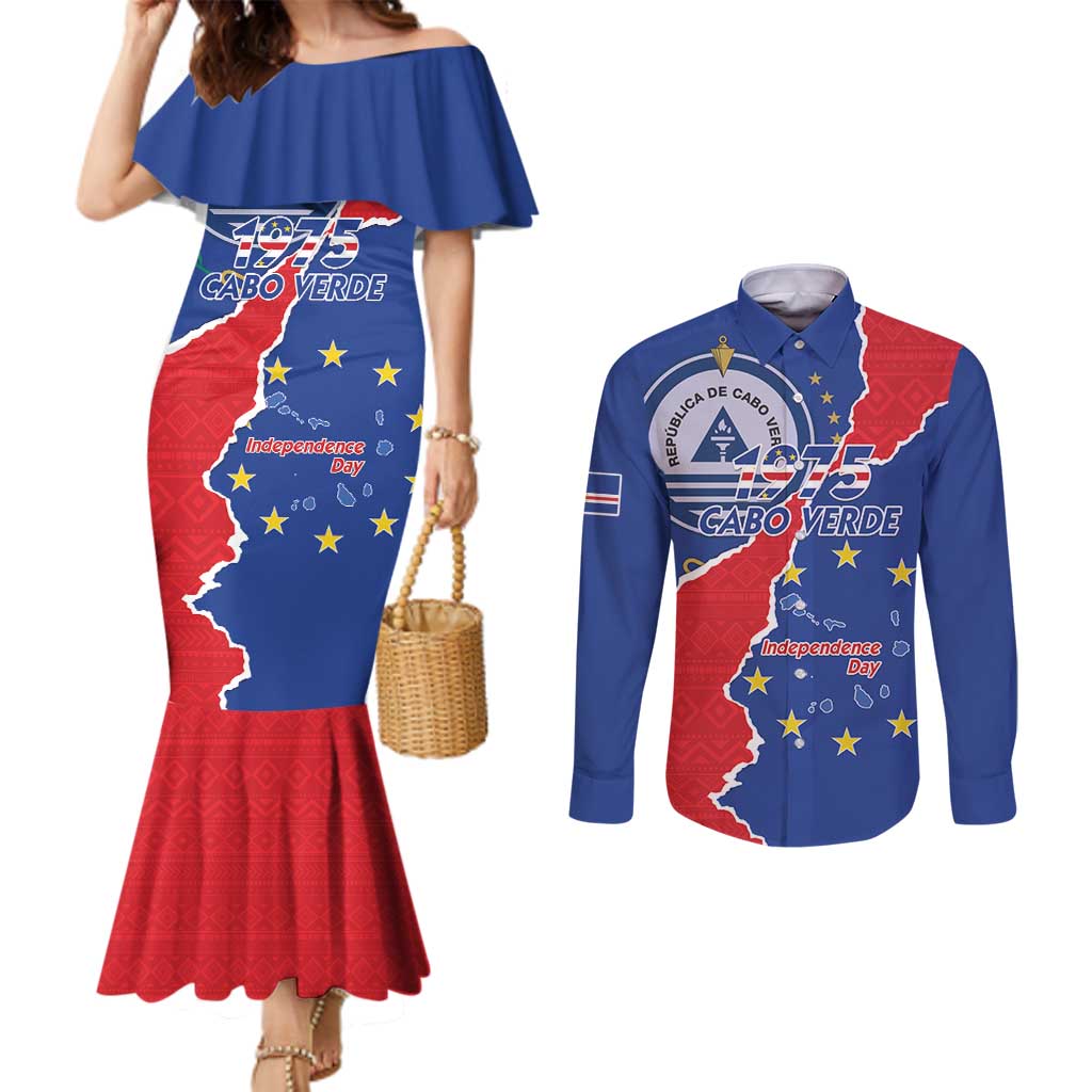 Happy Cape Verde Independence Day Couples Matching Mermaid Dress and Long Sleeve Button Shirt Coat Of Arms With Map