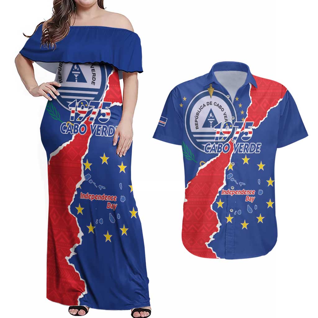 Happy Cape Verde Independence Day Couples Matching Off Shoulder Maxi Dress and Hawaiian Shirt Coat Of Arms With Map