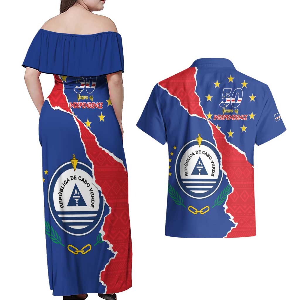 Happy Cape Verde Independence Day Couples Matching Off Shoulder Maxi Dress and Hawaiian Shirt Coat Of Arms With Map