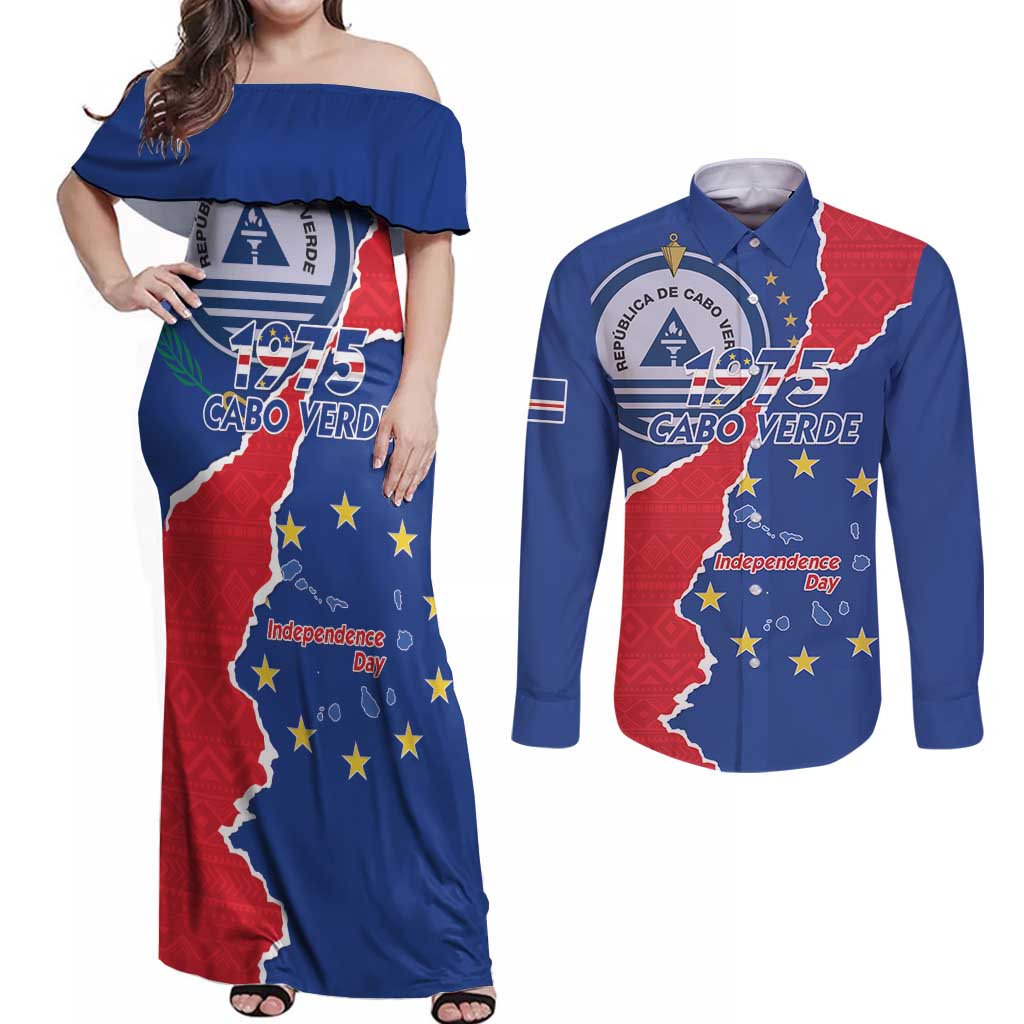 Happy Cape Verde Independence Day Couples Matching Off Shoulder Maxi Dress and Long Sleeve Button Shirt Coat Of Arms With Map