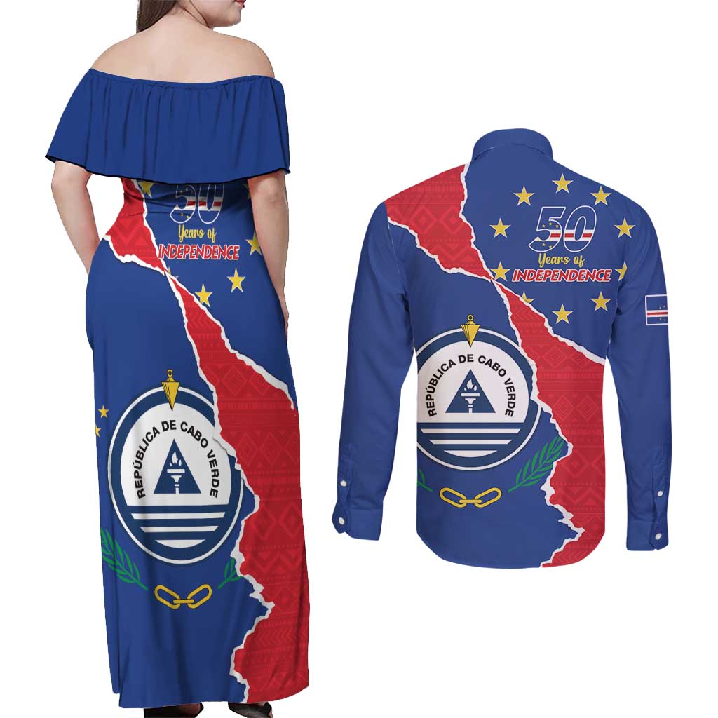 Happy Cape Verde Independence Day Couples Matching Off Shoulder Maxi Dress and Long Sleeve Button Shirt Coat Of Arms With Map