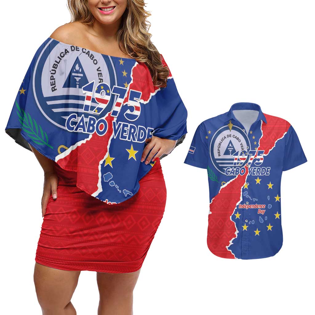 Happy Cape Verde Independence Day Couples Matching Off Shoulder Short Dress and Hawaiian Shirt Coat Of Arms With Map