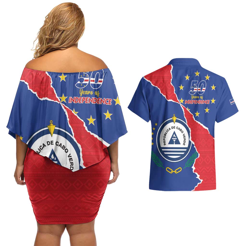 Happy Cape Verde Independence Day Couples Matching Off Shoulder Short Dress and Hawaiian Shirt Coat Of Arms With Map
