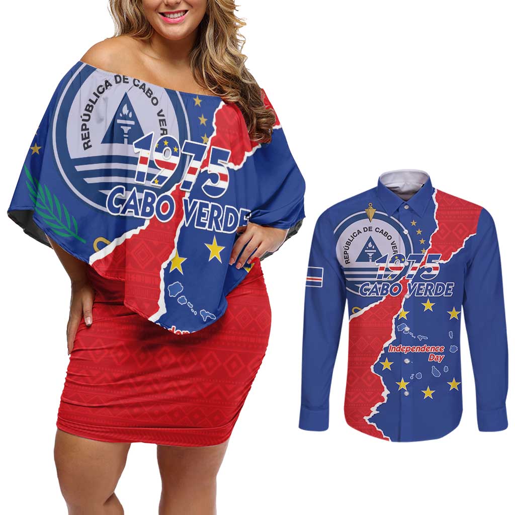 Happy Cape Verde Independence Day Couples Matching Off Shoulder Short Dress and Long Sleeve Button Shirt Coat Of Arms With Map