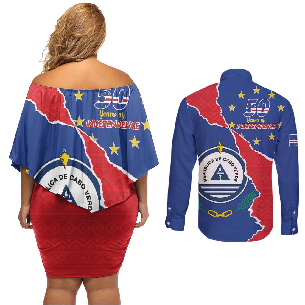 Happy Cape Verde Independence Day Couples Matching Off Shoulder Short Dress and Long Sleeve Button Shirt Coat Of Arms With Map
