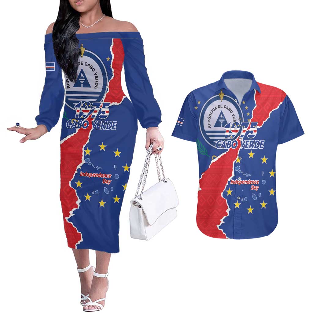 Happy Cape Verde Independence Day Couples Matching Off The Shoulder Long Sleeve Dress and Hawaiian Shirt Coat Of Arms With Map