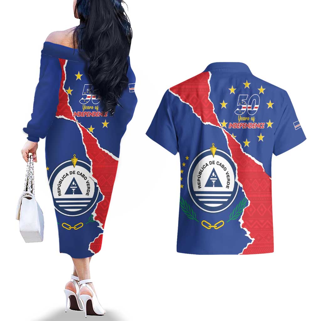 Happy Cape Verde Independence Day Couples Matching Off The Shoulder Long Sleeve Dress and Hawaiian Shirt Coat Of Arms With Map