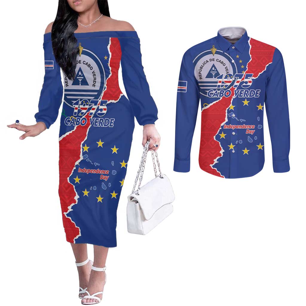 Happy Cape Verde Independence Day Couples Matching Off The Shoulder Long Sleeve Dress and Long Sleeve Button Shirt Coat Of Arms With Map