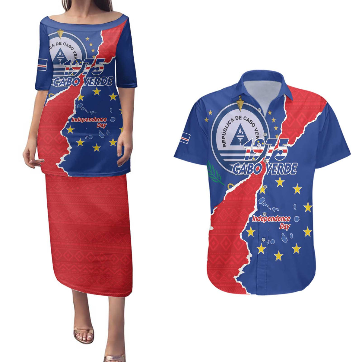 Happy Cape Verde Independence Day Couples Matching Puletasi and Hawaiian Shirt Coat Of Arms With Map