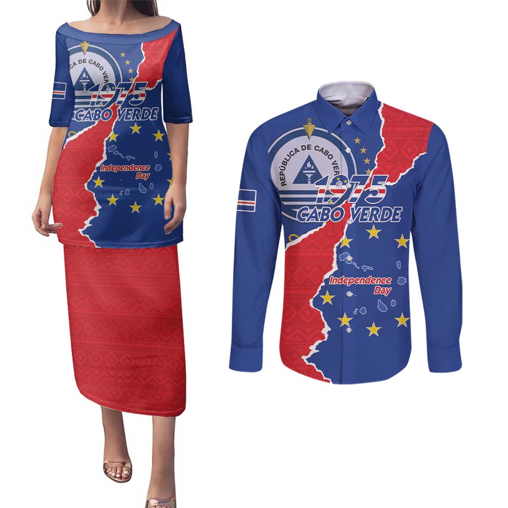 Happy Cape Verde Independence Day Couples Matching Puletasi and Long Sleeve Button Shirt Coat Of Arms With Map