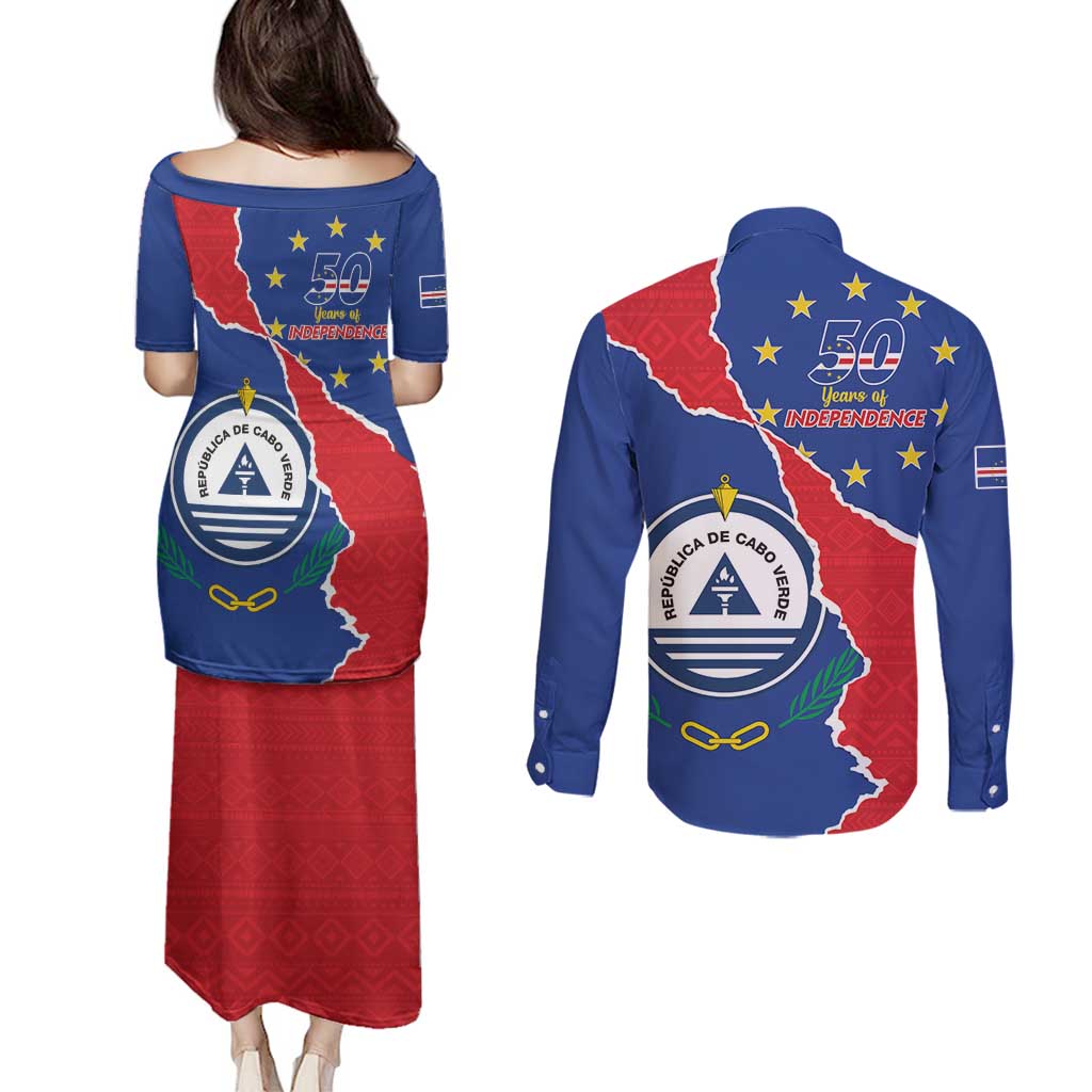Happy Cape Verde Independence Day Couples Matching Puletasi and Long Sleeve Button Shirt Coat Of Arms With Map