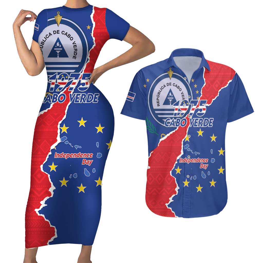Happy Cape Verde Independence Day Couples Matching Short Sleeve Bodycon Dress and Hawaiian Shirt Coat Of Arms With Map