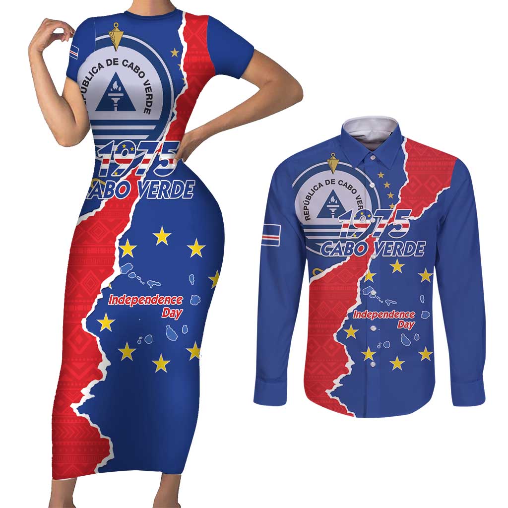 Happy Cape Verde Independence Day Couples Matching Short Sleeve Bodycon Dress and Long Sleeve Button Shirt Coat Of Arms With Map