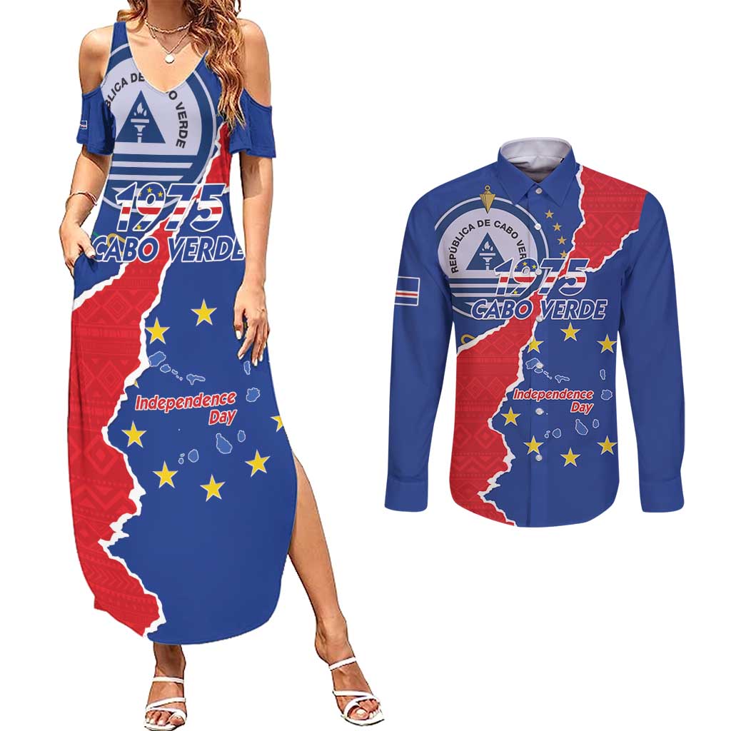 Happy Cape Verde Independence Day Couples Matching Summer Maxi Dress and Long Sleeve Button Shirt Coat Of Arms With Map