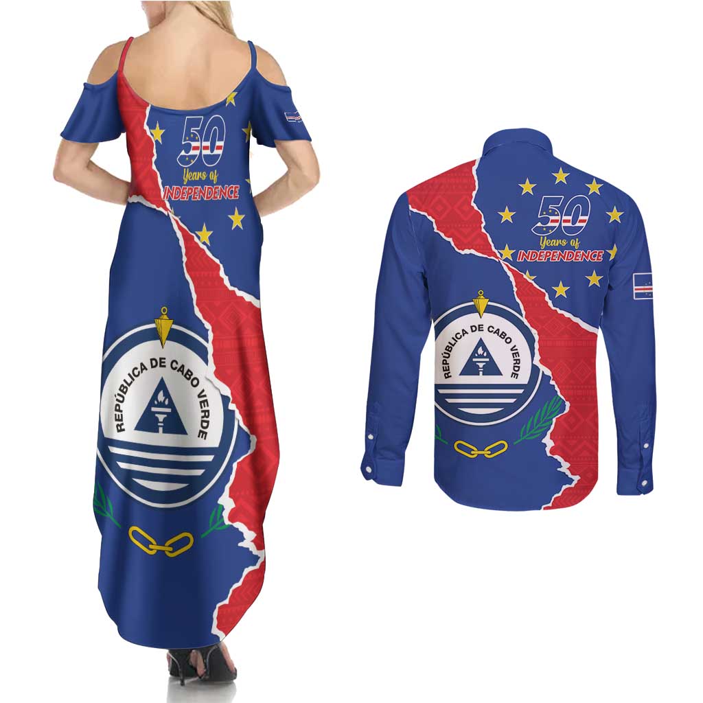Happy Cape Verde Independence Day Couples Matching Summer Maxi Dress and Long Sleeve Button Shirt Coat Of Arms With Map