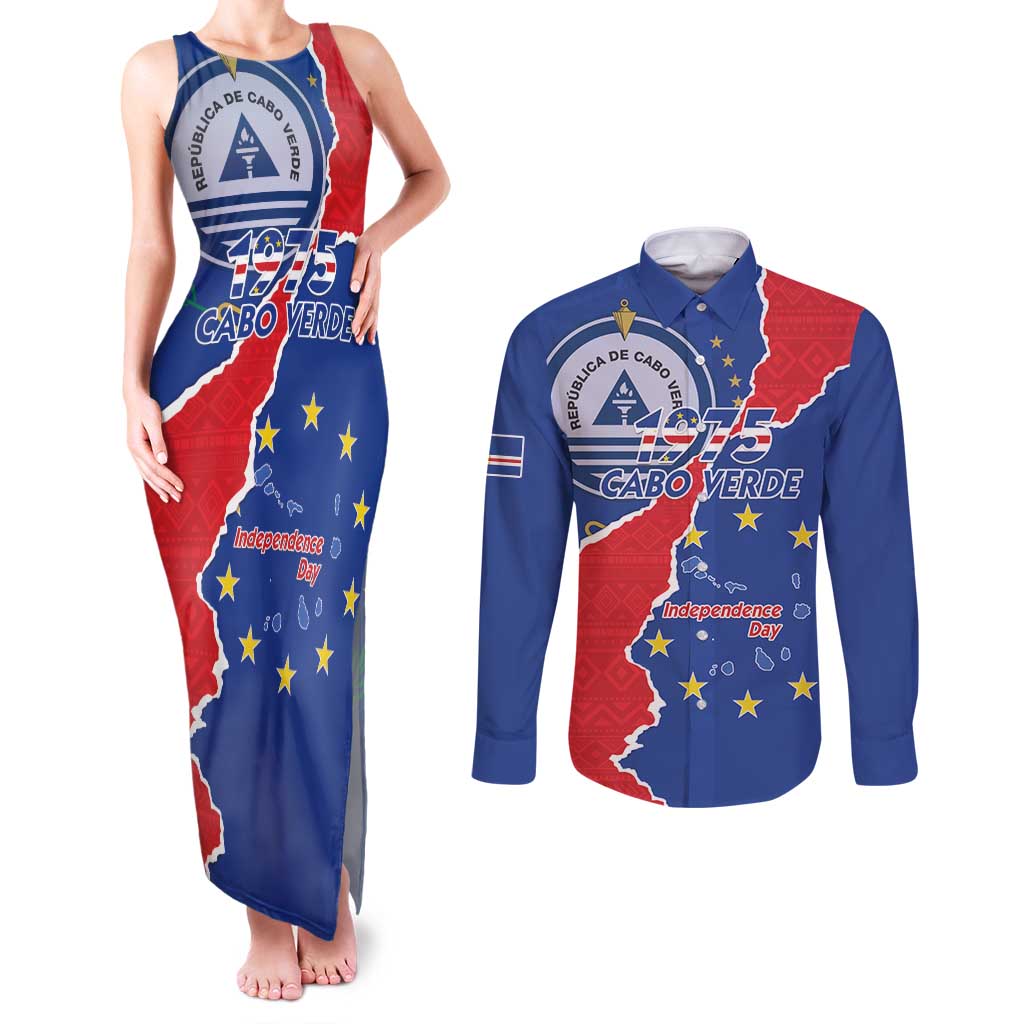 Happy Cape Verde Independence Day Couples Matching Tank Maxi Dress and Long Sleeve Button Shirt Coat Of Arms With Map