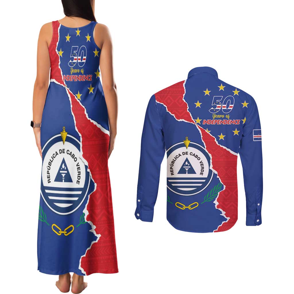 Happy Cape Verde Independence Day Couples Matching Tank Maxi Dress and Long Sleeve Button Shirt Coat Of Arms With Map
