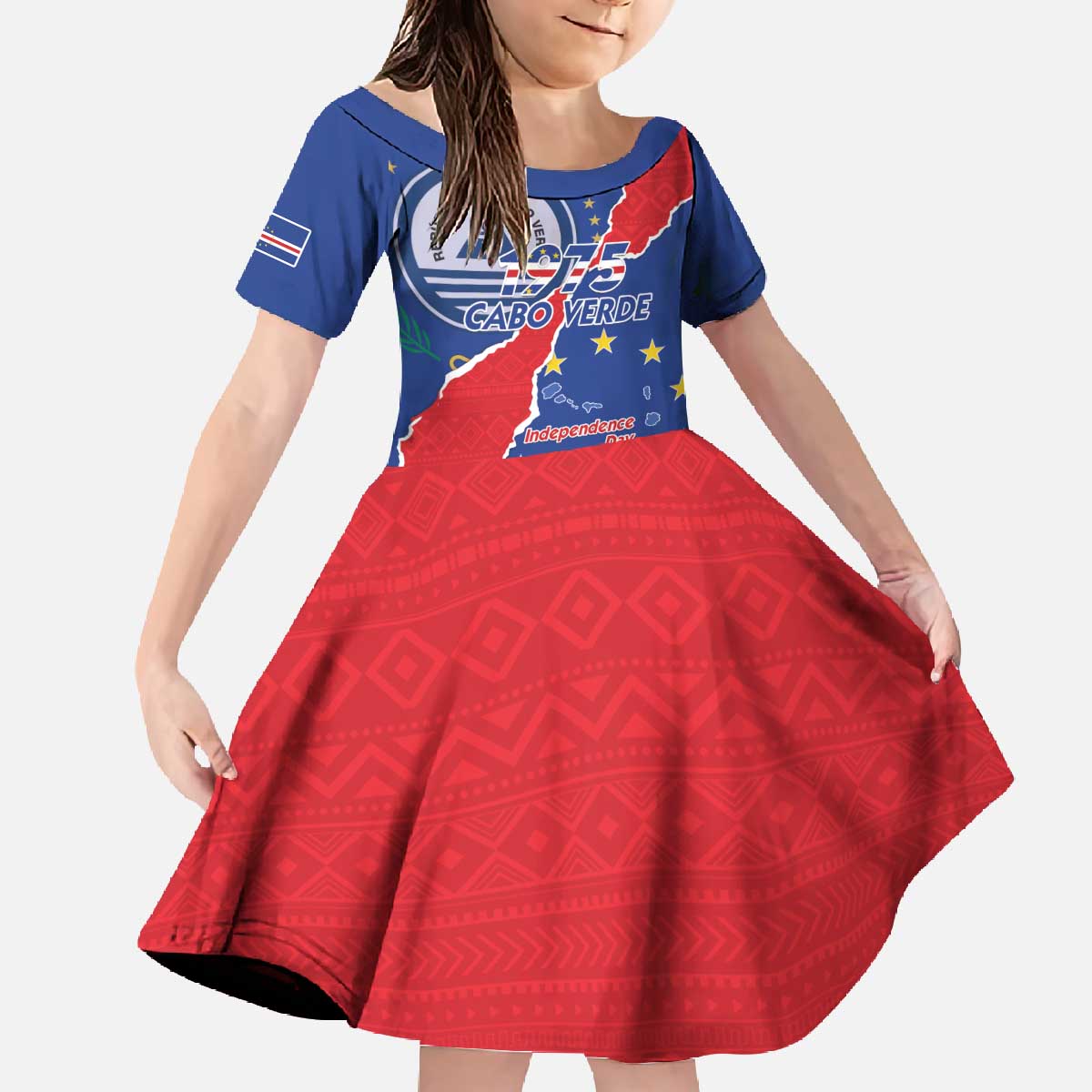 Happy Cape Verde Independence Day Family Matching Off The Shoulder Long Sleeve Dress and Hawaiian Shirt Coat Of Arms With Map