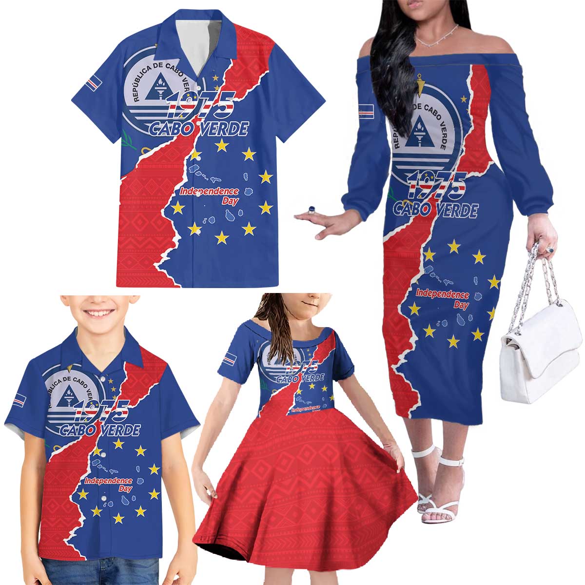 Happy Cape Verde Independence Day Family Matching Off The Shoulder Long Sleeve Dress and Hawaiian Shirt Coat Of Arms With Map