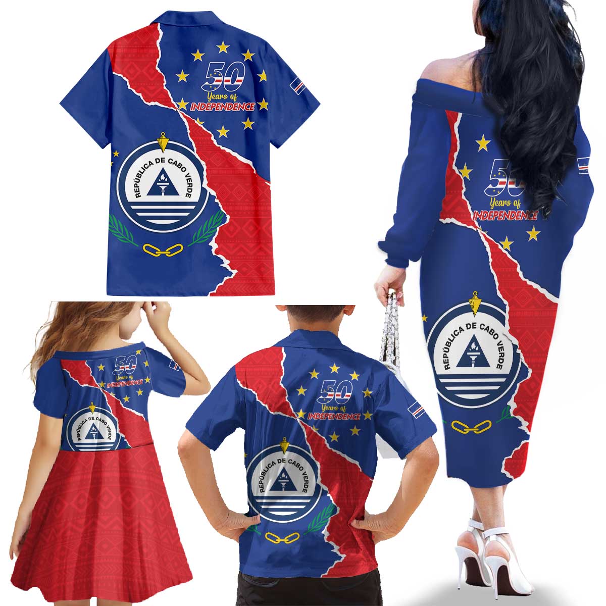 Happy Cape Verde Independence Day Family Matching Off The Shoulder Long Sleeve Dress and Hawaiian Shirt Coat Of Arms With Map