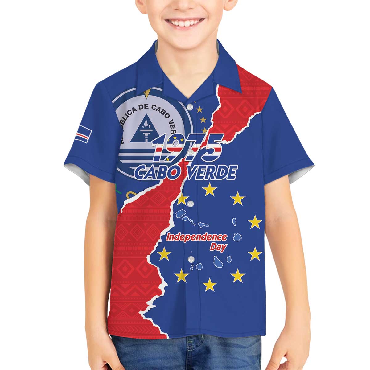 Happy Cape Verde Independence Day Family Matching Off The Shoulder Long Sleeve Dress and Hawaiian Shirt Coat Of Arms With Map