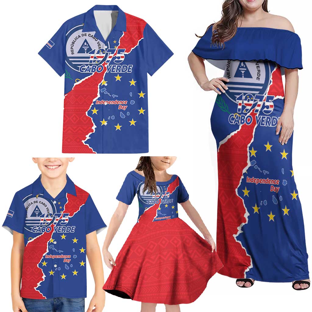 Happy Cape Verde Independence Day Family Matching Off Shoulder Maxi Dress and Hawaiian Shirt Coat Of Arms With Map