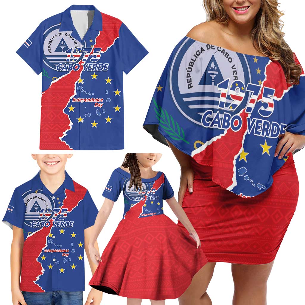Happy Cape Verde Independence Day Family Matching Off Shoulder Short Dress and Hawaiian Shirt Coat Of Arms With Map