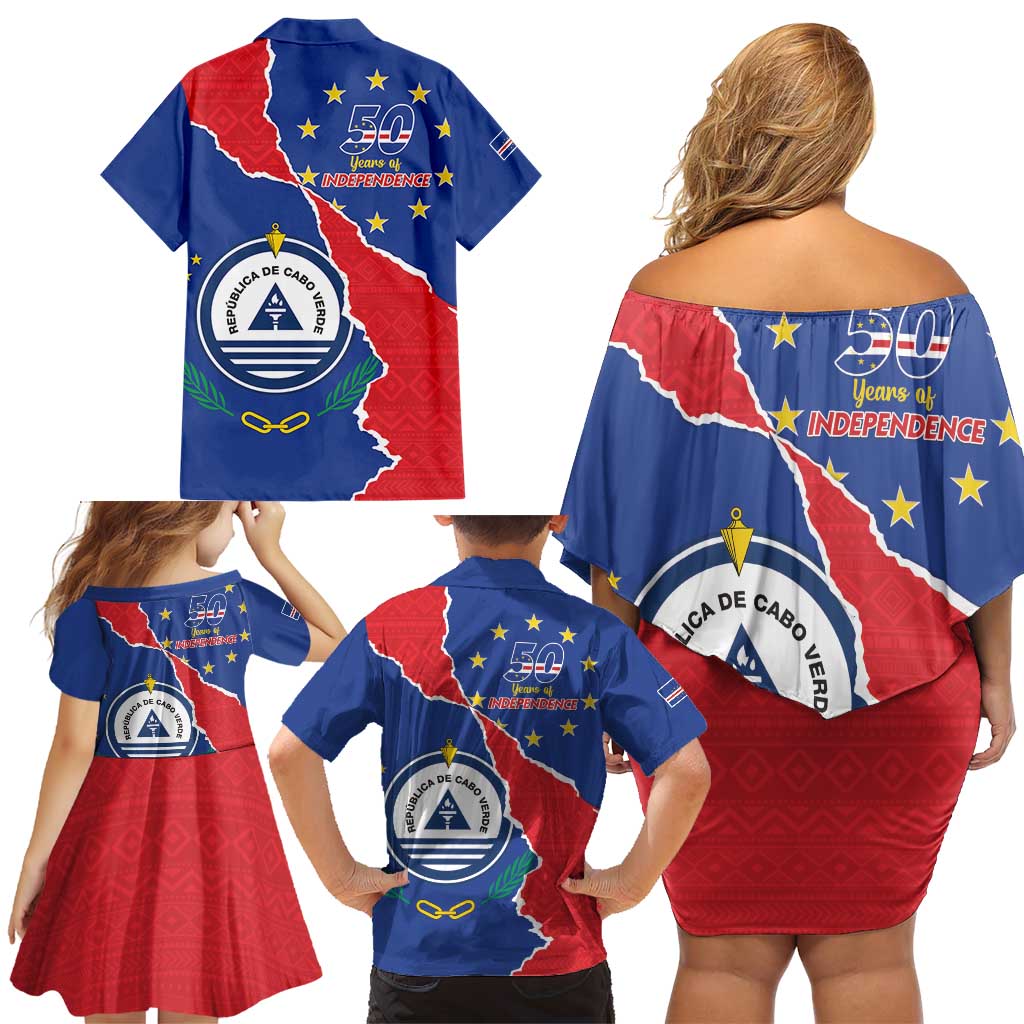 Happy Cape Verde Independence Day Family Matching Off Shoulder Short Dress and Hawaiian Shirt Coat Of Arms With Map