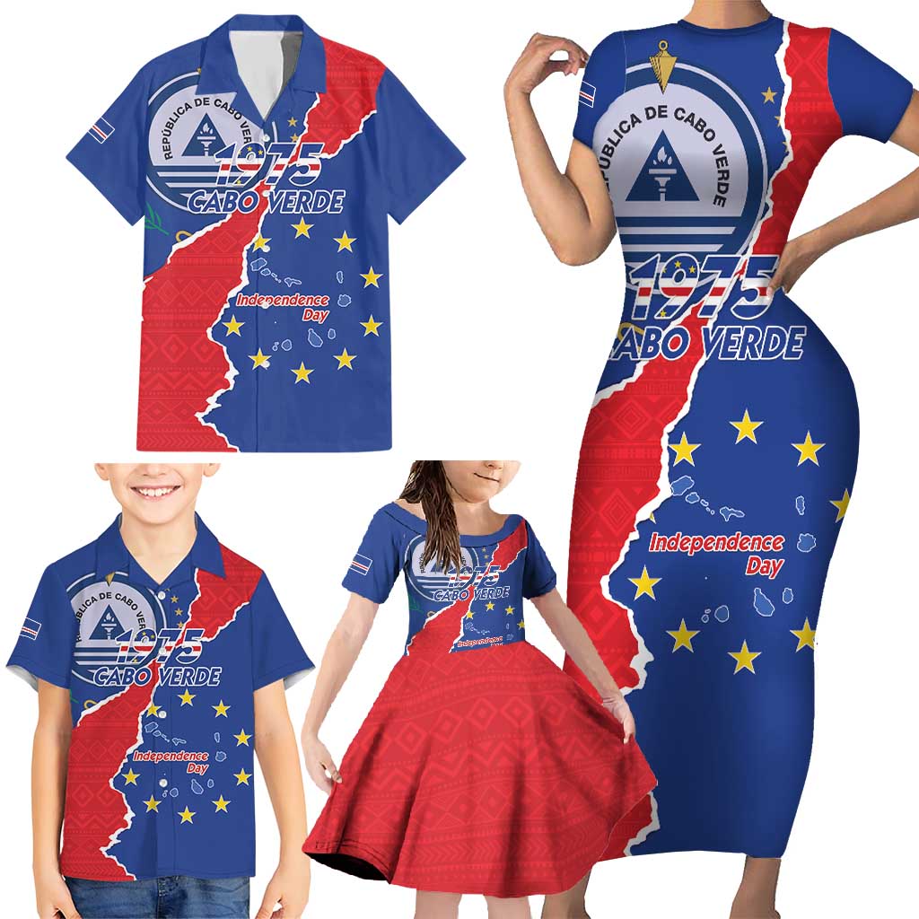 Happy Cape Verde Independence Day Family Matching Short Sleeve Bodycon Dress and Hawaiian Shirt Coat Of Arms With Map