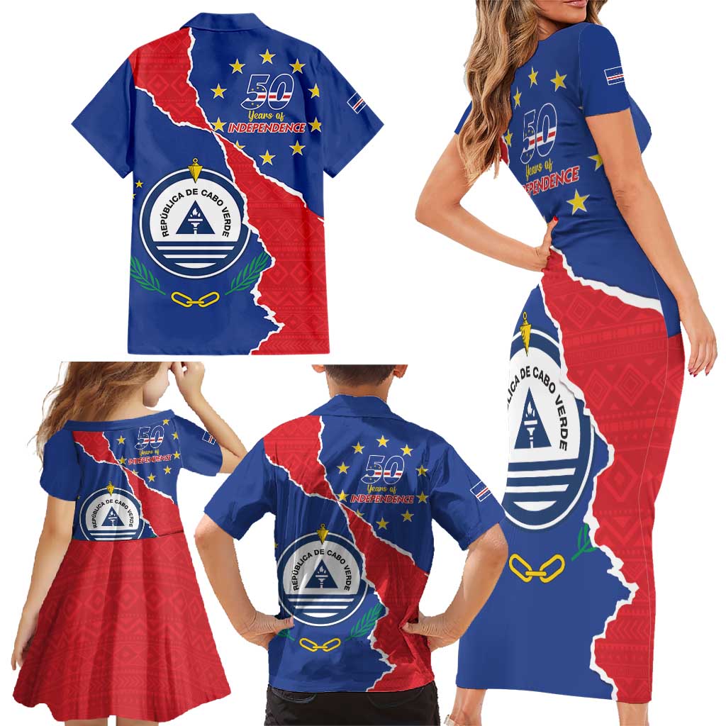 Happy Cape Verde Independence Day Family Matching Short Sleeve Bodycon Dress and Hawaiian Shirt Coat Of Arms With Map