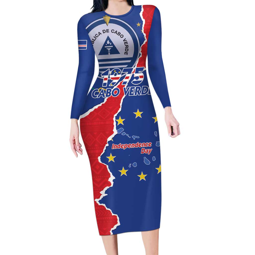 Happy Cape Verde Independence Day Long Sleeve Bodycon Dress Coat Of Arms With Map