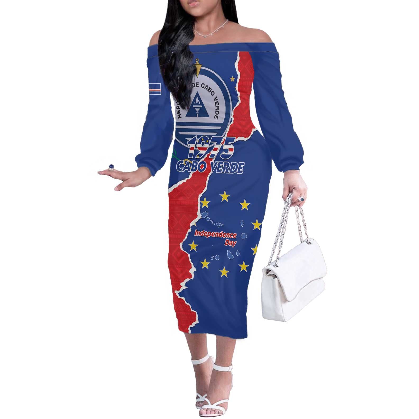 Happy Cape Verde Independence Day Off The Shoulder Long Sleeve Dress Coat Of Arms With Map