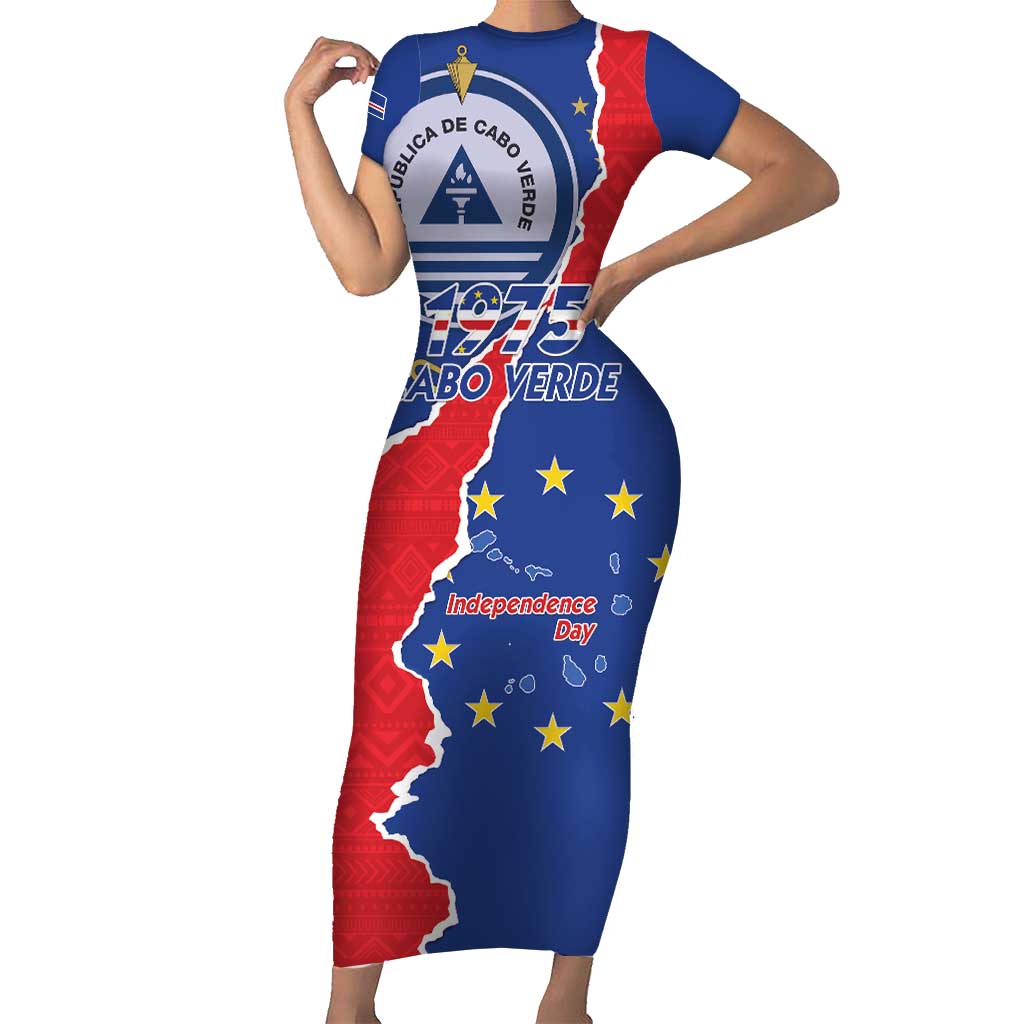 Happy Cape Verde Independence Day Short Sleeve Bodycon Dress Coat Of Arms With Map