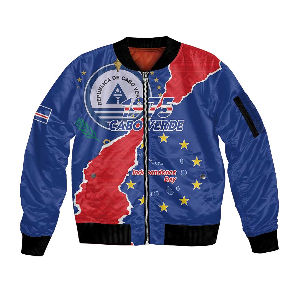 Happy Cape Verde Independence Day Sleeve Zip Bomber Jacket Coat Of Arms With Map