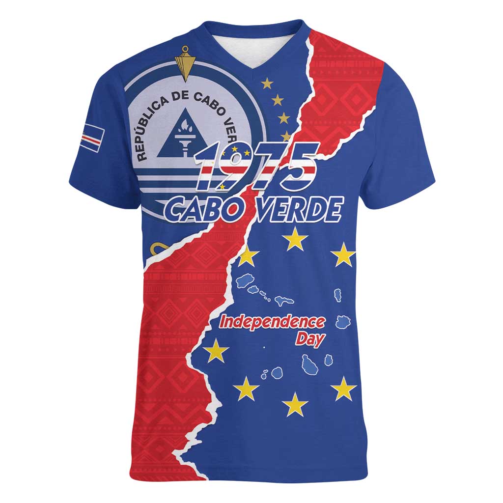 Happy Cape Verde Independence Day Women V-Neck T-Shirt Coat Of Arms With Map
