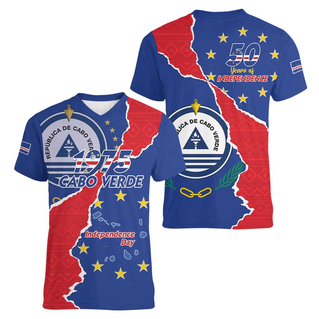 Happy Cape Verde Independence Day Women V-Neck T-Shirt Coat Of Arms With Map