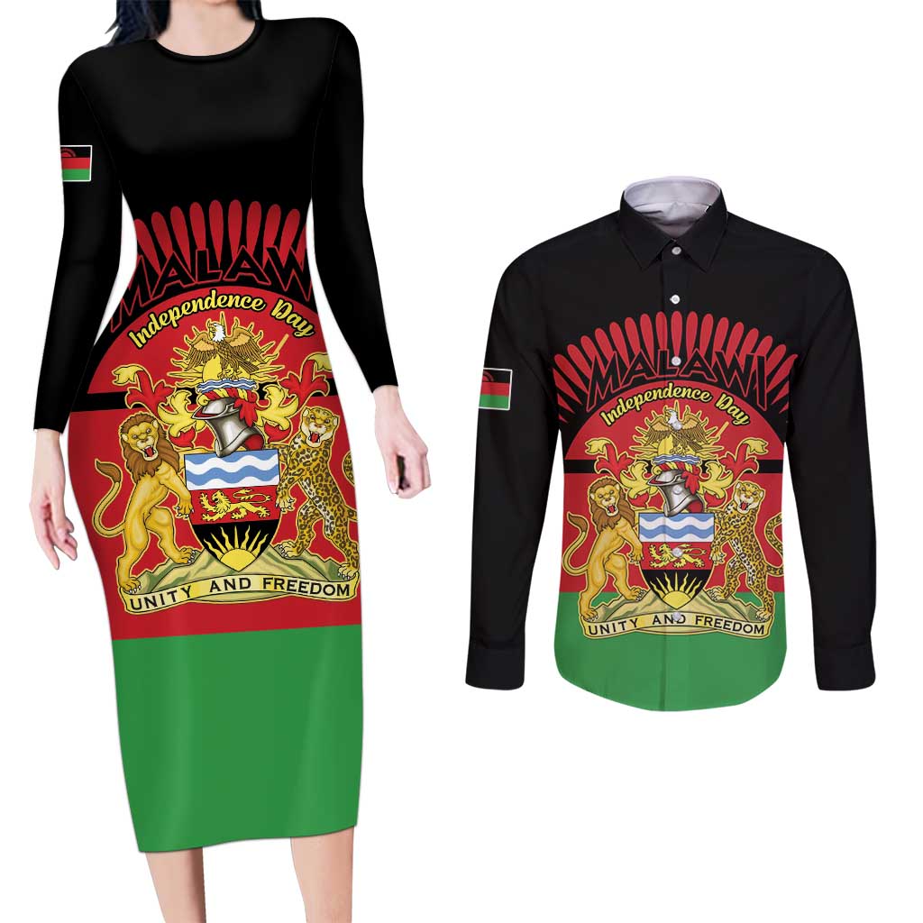 Personalized Malawi Independence Day Couples Matching Long Sleeve Bodycon Dress and Long Sleeve Button Shirt Coat Of Arms Flag Style